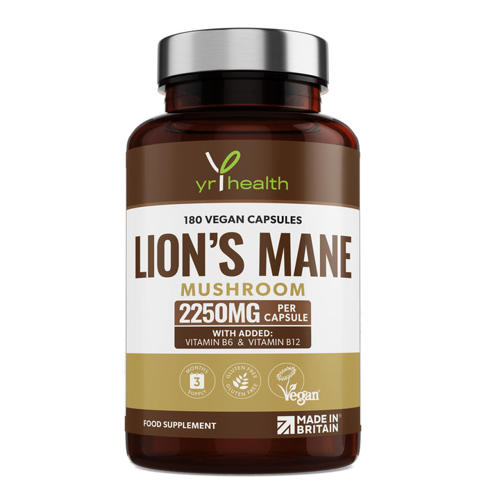 Lion's Mane Mushroom Supplement 2250mg - 180 Vegan Capsules with Added Vitamin B6 & B12, Supports Immune System & Promotes Digestive Health - 3 Months Supply