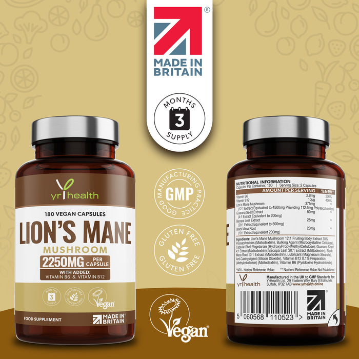 Lion's Mane Mushroom Supplement 2250mg - 180 Vegan Capsules with Added Vitamin B6 & B12, Supports Immune System & Promotes Digestive Health - 3 Months Supply