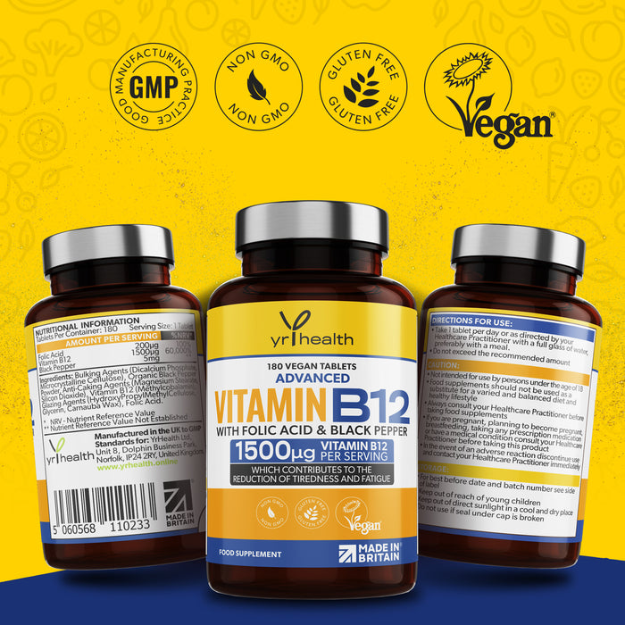 Advanced Vitamin B12 with Folic Acid & Black Pepper - 180 Tablets