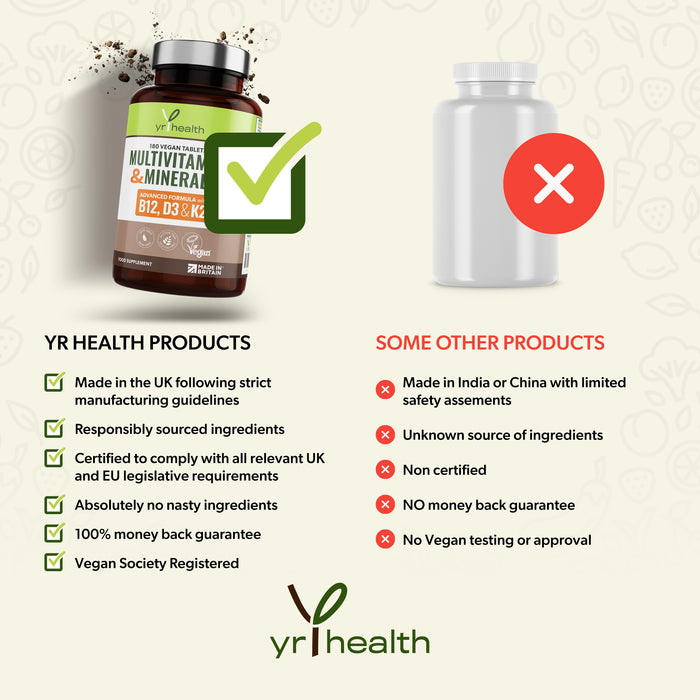 Advanced Vegan Multivitamins & Minerals High in B12, D3 with Added Vitamin K2 - 180 Tablets