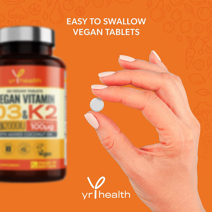 Vegan Vitamin D3 K2 Tablets High Strength & Coconut Oil for Absorption - Vitamin D 2000iu & Vitamin K2 Mk7 100mcg Plant Based Supplement for Immune System, Bones, Blood Calcium Levels