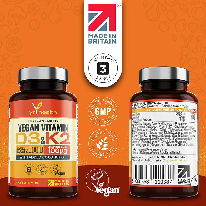 Vegan Vitamin D3 K2 Tablets High Strength & Coconut Oil for Absorption - Vitamin D 2000iu & Vitamin K2 Mk7 100mcg Plant Based Supplement for Immune System, Bones, Blood Calcium Levels