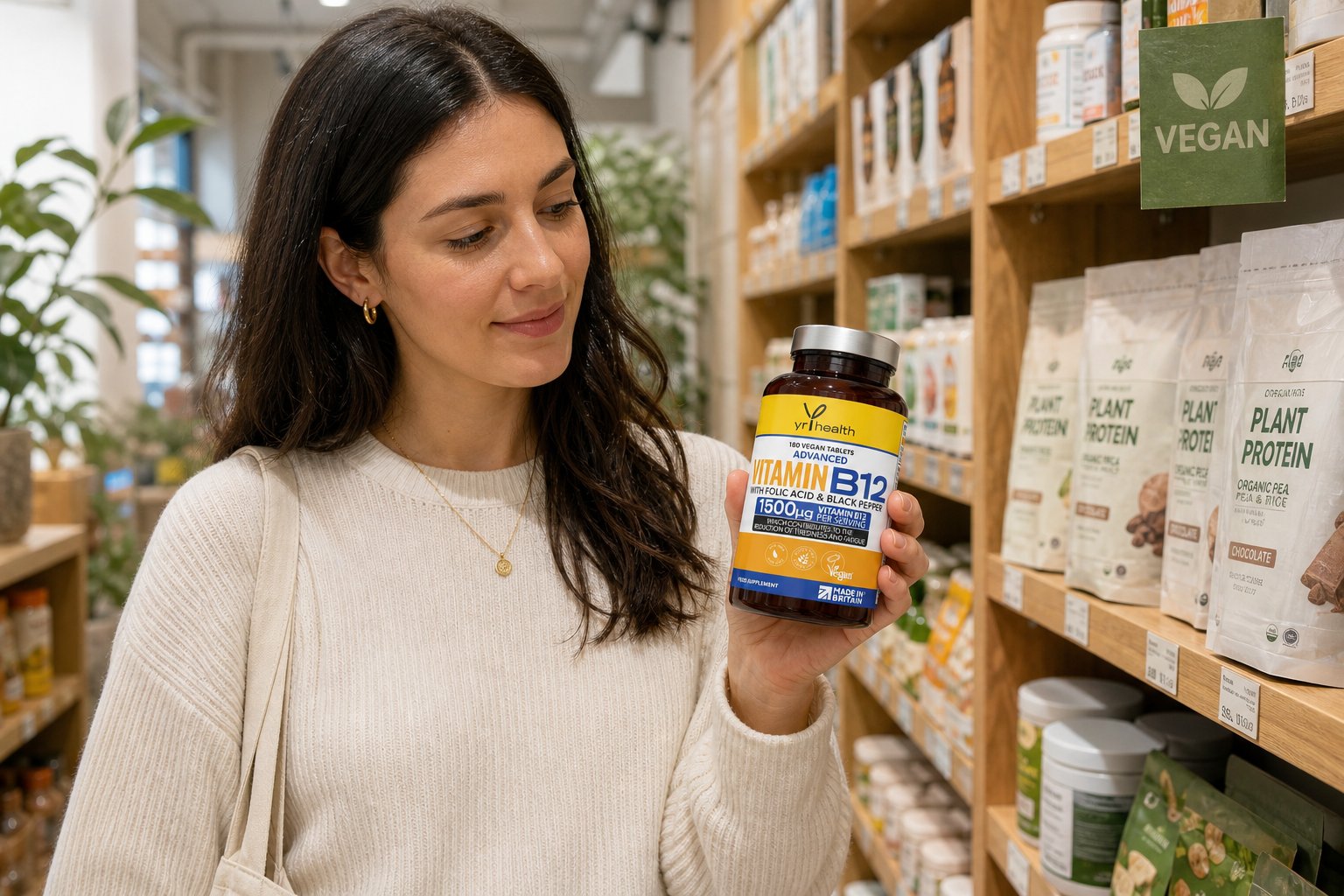 Woman in a health store holding up a vitamin B12 supplement bottle beside shelves of plant protein products and a green vegan sign.