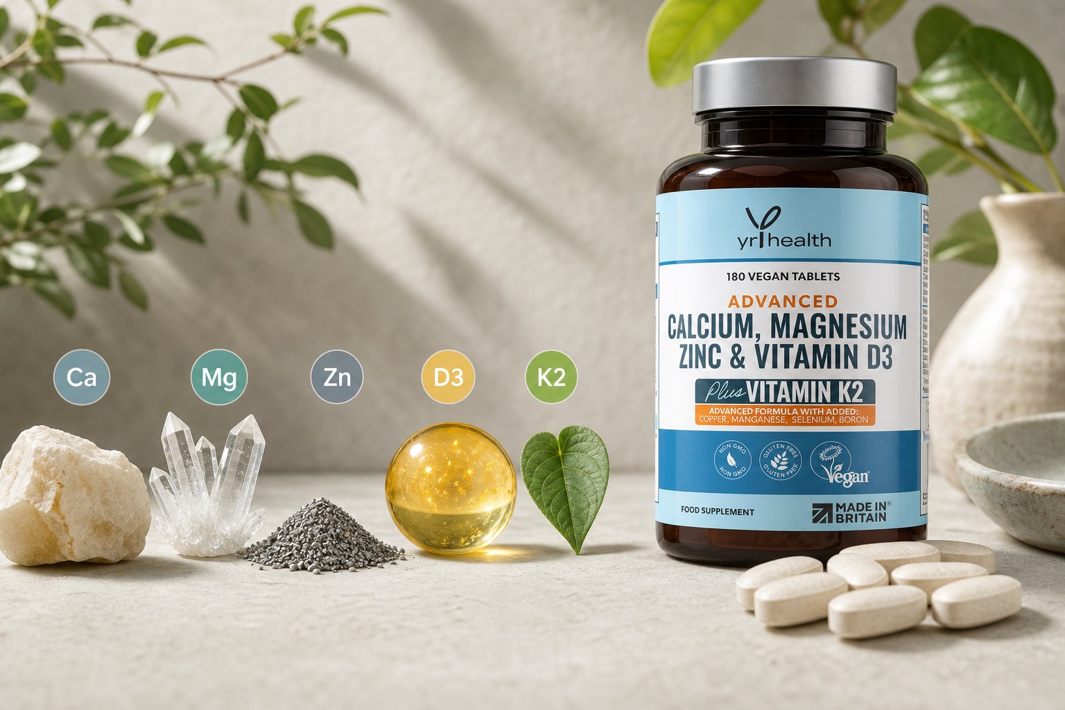 Supplement bottle beside tablets, crystals, a mineral pile, a golden sphere, and a green leaf on a light tabletop with leafy plants in the background.