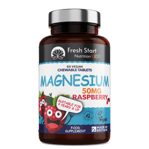Fresh Start Kids Magnesium Tablets for Sleep, Anxiety and Ticks, 50mg Chewable Raspberry Flavour Magnesium for Kids, Vegan Society Registered Tablets not Gummies, 2 Months Supply