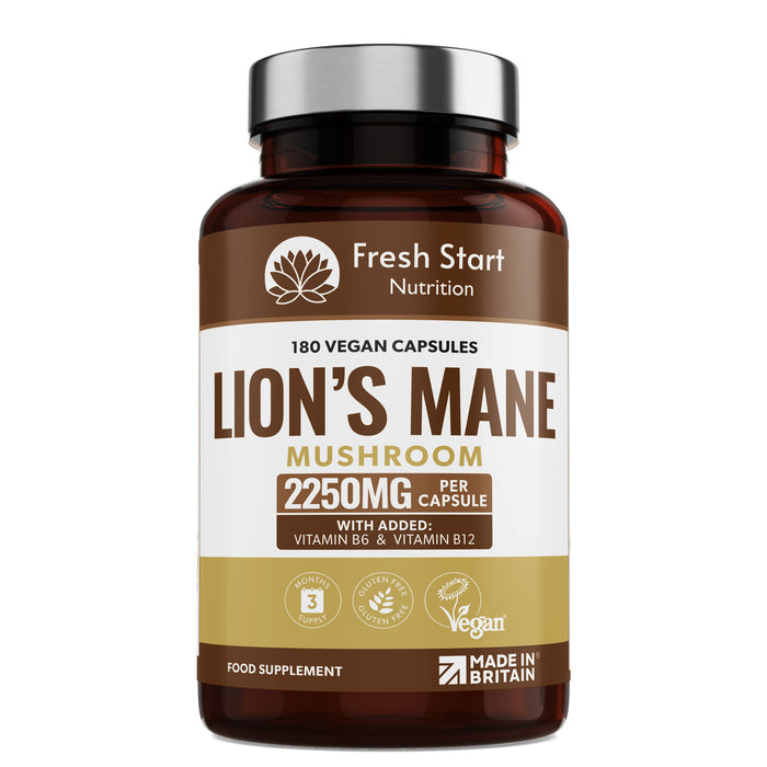 Fresh Start Lion's Mane Mushroom Supplement 2250mg - 180 Vegan Capsules with Added Vitamins - 3 Months Supply