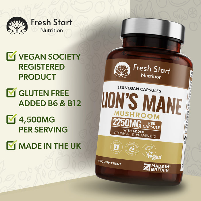 Fresh Start Lion's Mane Mushroom Supplement 2250mg - 180 Vegan Capsules with Added Vitamins - 3 Months Supply