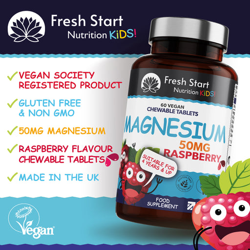 Fresh Start Kids Magnesium Tablets for Sleep, Anxiety and Ticks, 50mg Chewable Raspberry Flavour Magnesium for Kids, Vegan Society Registered Tablets not Gummies, 2 Months Supply
