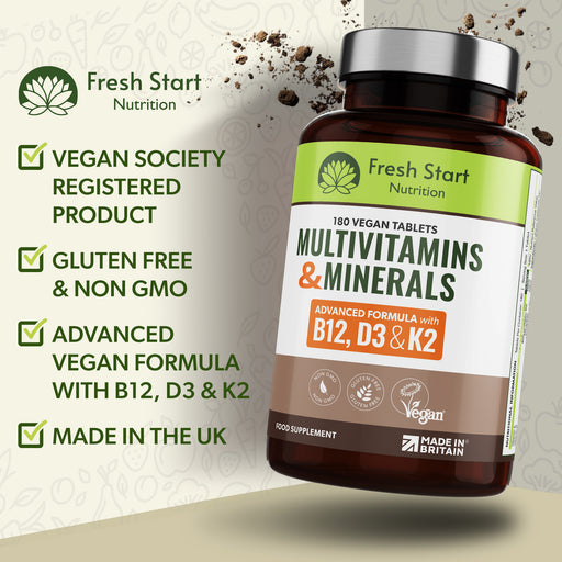 Fresh Start Advanced Vegan Multivitamins & Minerals High in B12, D3 with Added Vitamin K2 - 180 Tablets