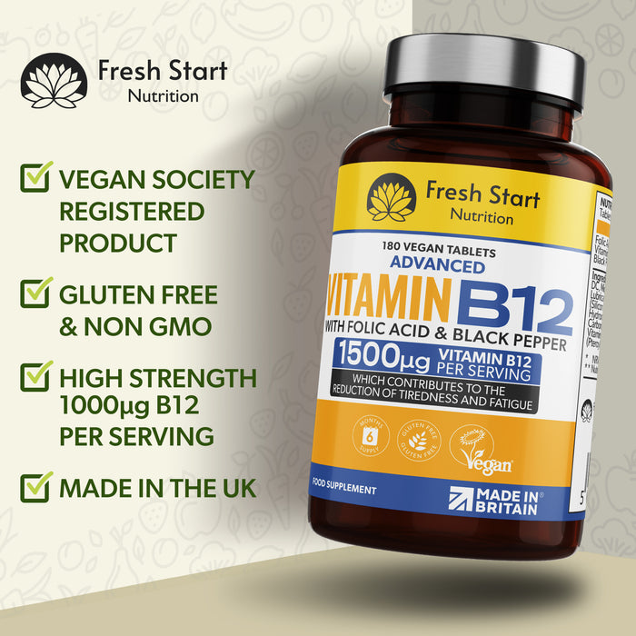 Fresh Start Advanced Vitamin B12 with Folic Acid & Black Pepper - 180 Tablets