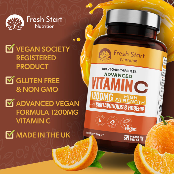 Fresh Start Advanced Vitamin C 1200mg with Bioflavonoids & Rosehip - 180 Vegan Capsules