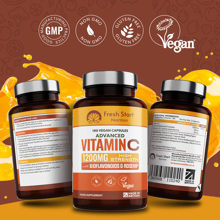 Fresh Start Advanced Vitamin C 1200mg with Bioflavonoids & Rosehip - 180 Vegan Capsules