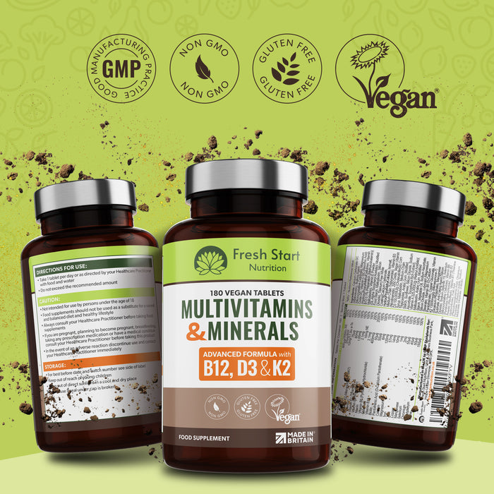 Fresh Start Advanced Vegan Multivitamins & Minerals High in B12, D3 with Added Vitamin K2 - 180 Tablets