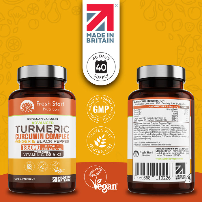 Fresh Start Turmeric Curcumin Complex Ginger & Black Pepper - 120 Vegan Tablets