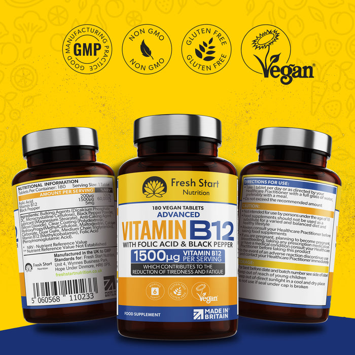 Fresh Start Advanced Vitamin B12 with Folic Acid & Black Pepper - 180 Tablets