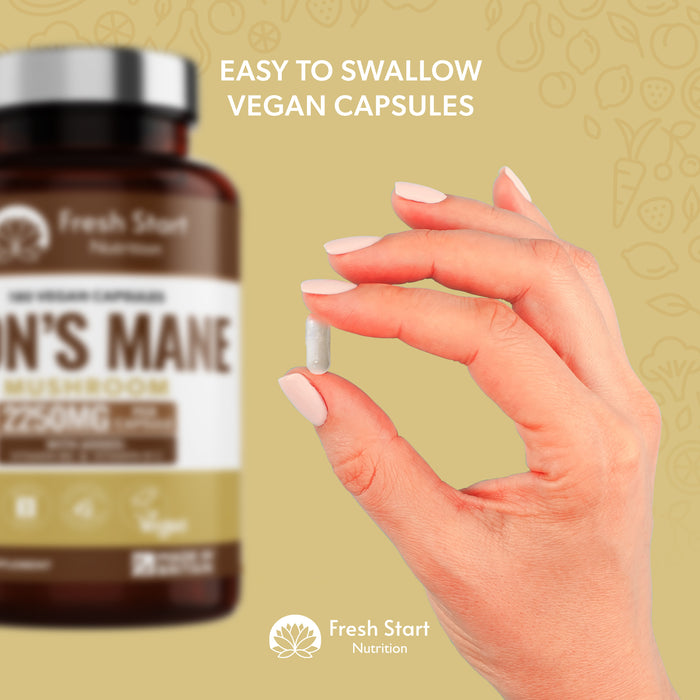 Fresh Start Lion's Mane Mushroom Supplement 2250mg - 180 Vegan Capsules with Added Vitamins - 3 Months Supply
