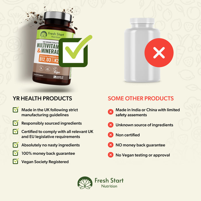 Fresh Start Advanced Vegan Multivitamins & Minerals High in B12, D3 with Added Vitamin K2 - 180 Tablets