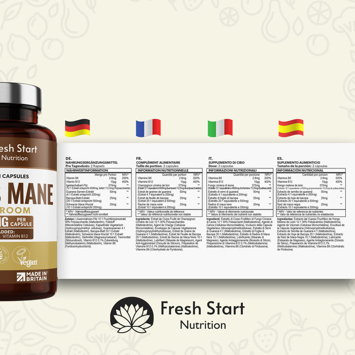 Fresh Start Lion's Mane Mushroom Supplement 2250mg - 180 Vegan Capsules with Added Vitamins - 3 Months Supply
