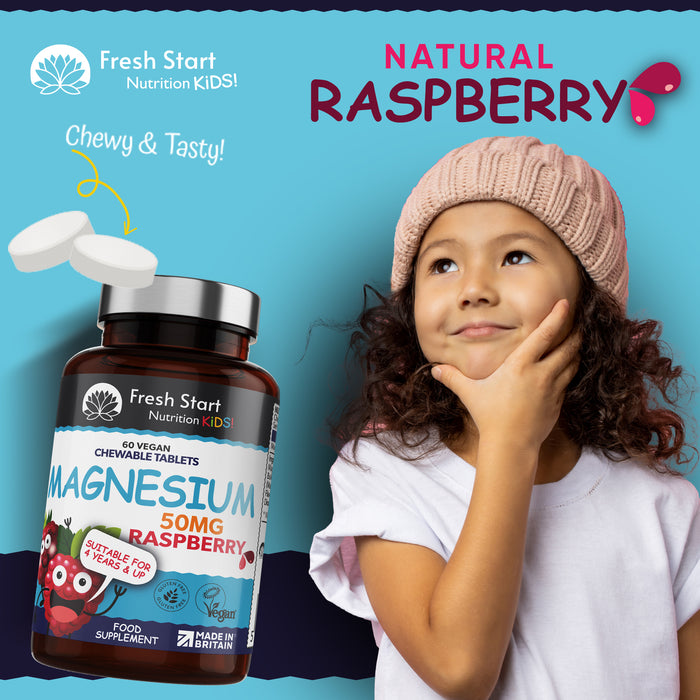 Fresh Start Kids Magnesium Tablets for Sleep, Anxiety and Ticks, 50mg Chewable Raspberry Flavour Magnesium for Kids, Vegan Society Registered Tablets not Gummies, 2 Months Supply