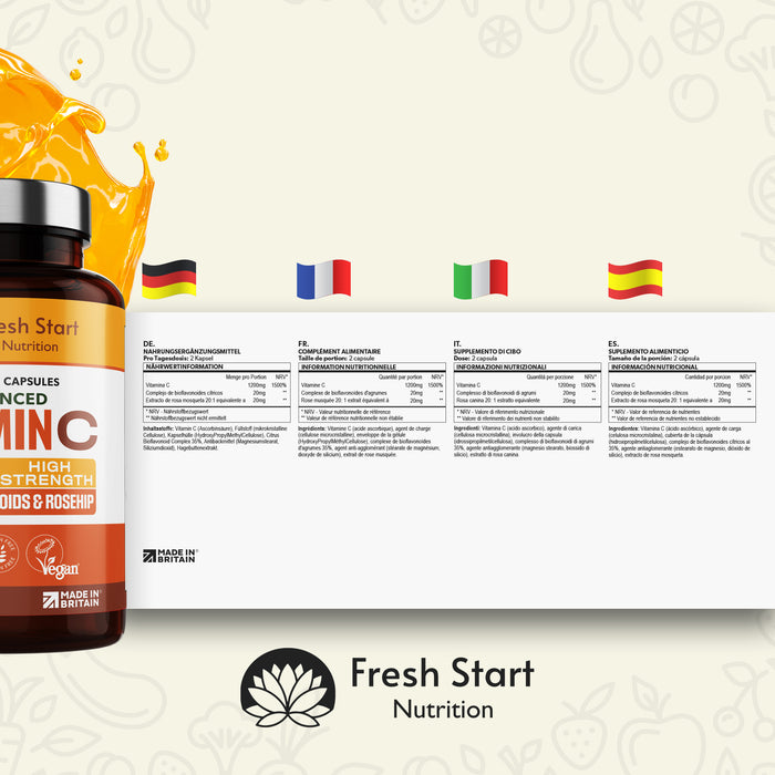 Fresh Start Advanced Vitamin C 1200mg with Bioflavonoids & Rosehip - 180 Vegan Capsules