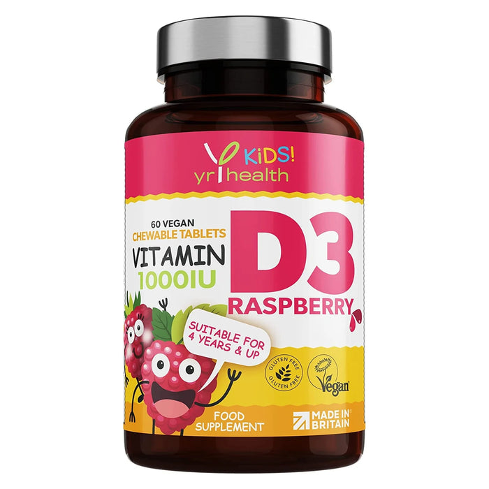 Kids Vitamin D3 1000 iu High Strength - Chewable Raspberry Flavour Vitamin D for Kids 4-12 Years, Vegan Society Registered Tablets not Gummies - 2 Months Supply