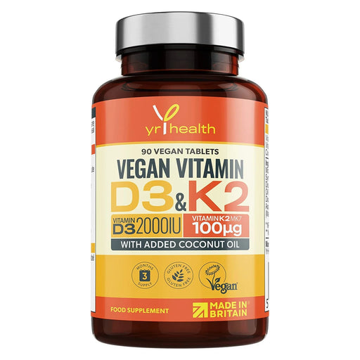 Vegan Vitamin D3 K2 Tablets High Strength & Coconut Oil for Absorbtion - Vitamin D 2000iu & Vitamin K2 Mk7 100mcg Plant Based Supplement for Immune System, Bones, Blood Calcium Levels