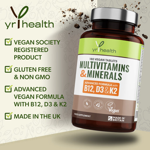 Advanced Vegan Multivitamins & Minerals High in B12, D3 with Added Vitamin K2 - 180 Tablets