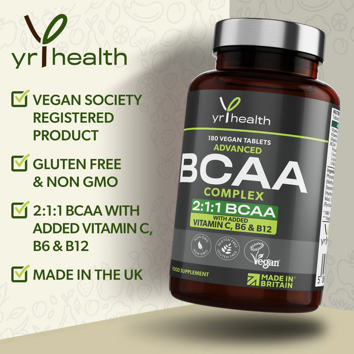 2:1:1 BCAAs Branched Chain Amino Acids + Vitamin C, B6 and B12 - 180 Vegan Capsules