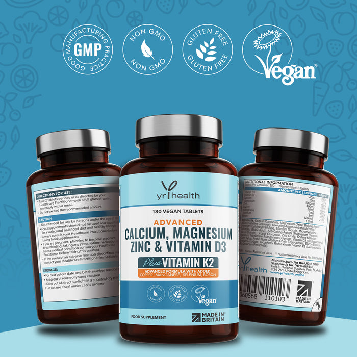 ADVANCED Calcium, Magnesium, Zinc, Vitamin D3 & K2 MK7  - 180 Vegan Tablets