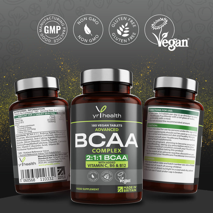 2:1:1 BCAAs Branched Chain Amino Acids + Vitamin C, B6 and B12 - 180 Vegan Capsules