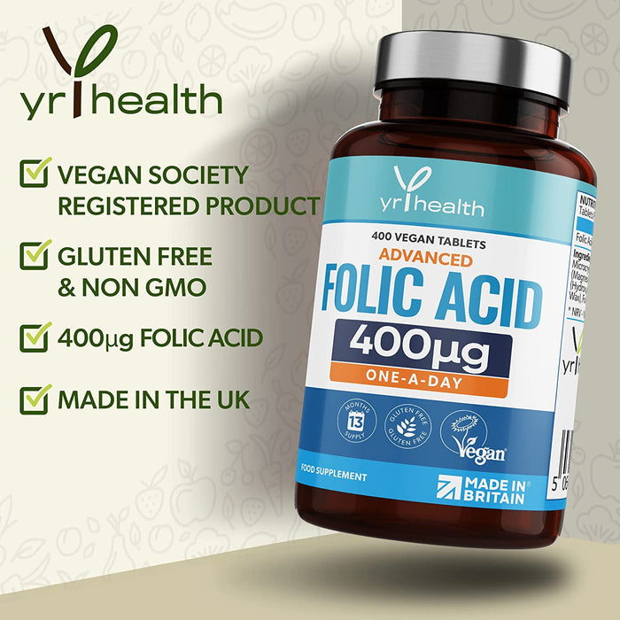 Folic Acid 400 mcg Tablets - 400 Vegan Vitamin B9 Tablets for Women, 13 Month Supply, Folic Acid Pregnancy for Normal Function of Immune System and Maternal Tissue Growth