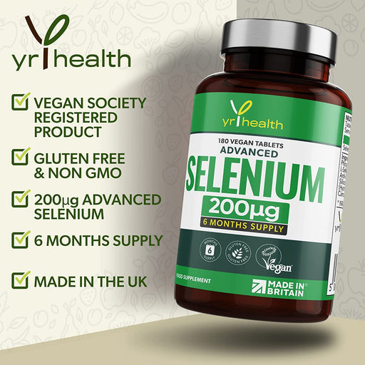 Selenium 200mcg Tablets - 180 Vegan Society Registered Pills, for Thyroid and Immune Health, Hair, Skin and Nails - 6 Month Supply Tablets Not Capsules