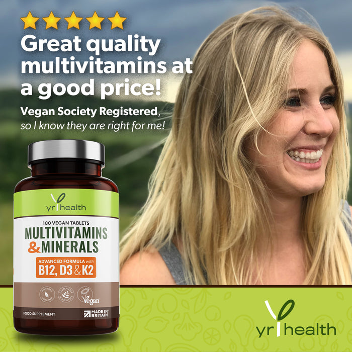 Advanced Vegan Multivitamins & Minerals High in B12, D3 with Added Vitamin K2 - 180 Tablets
