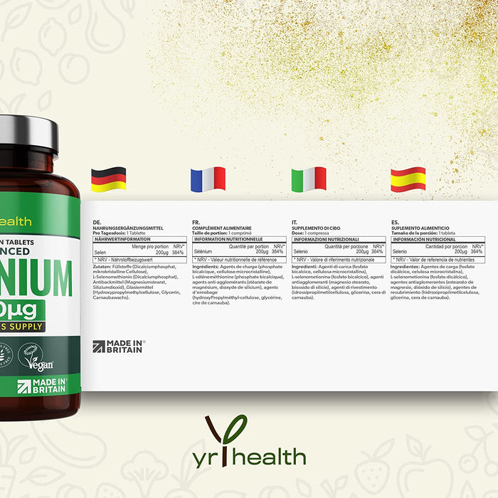 Selenium 200mcg Tablets - 180 Vegan Society Registered Pills, for Thyroid and Immune Health, Hair, Skin and Nails - 6 Month Supply Tablets Not Capsules