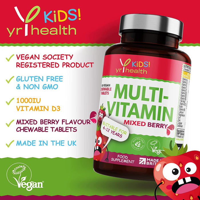 Kids Multivitamins and Minerals - Chewable Mixed Berry Flavour Multivitamin for Kids 4-12 Years, Vegan Society Registered Tablets not Gummies - 3 Months Supply