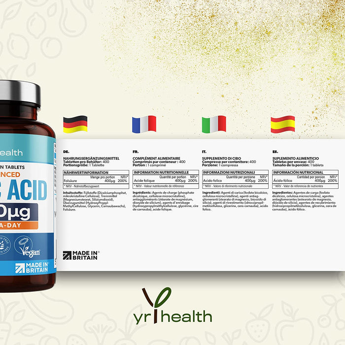 Ácido Fólico (Vitamina B9) 400mcg- 400 Tabletas veganas para +1