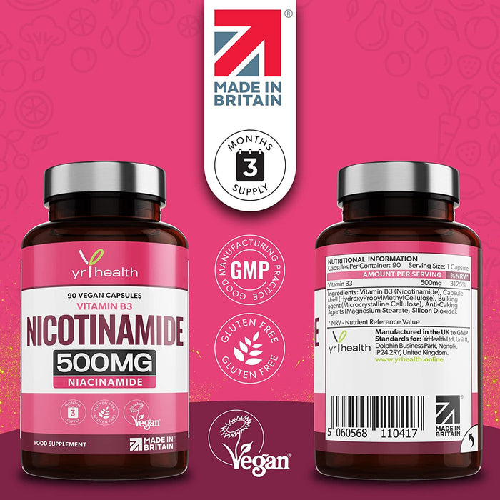 Vitamin B3 Nicotinamide, Niacinamide 500mg - 90 Vegan Niacin B3 Capsules Flush Free, for Skin, Energy Yielding Metabolism, Tiredness & Fatigue, One A Day, 3 Months Supply