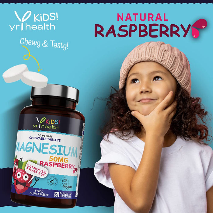 Kids Magnesium Tablets for Sleep, Anxiety and Ticks, 50mg Chewable Raspberry Flavour Magnesium for Kids, Vegan Society Registered Tablets not Gummies, 2 Months Supply