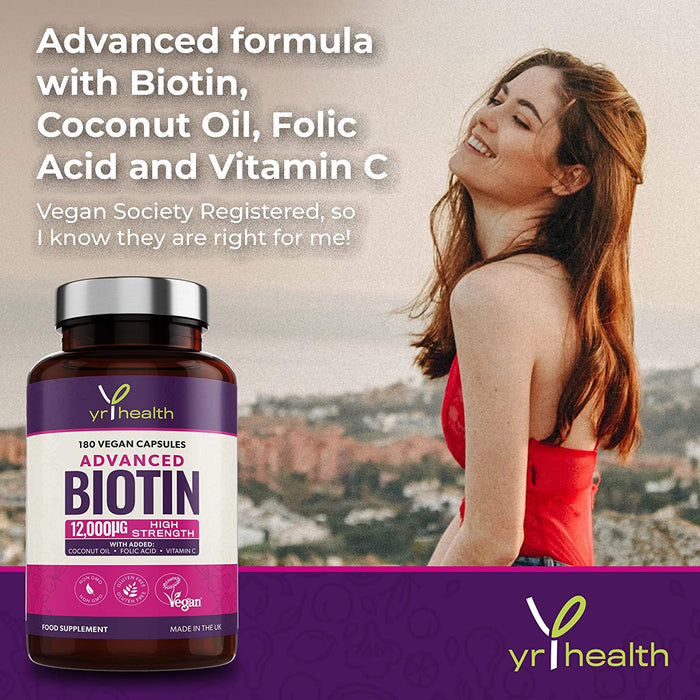 Advanced Biotin 12,000µg Complex with Added Coconut Oil, Folic Acid & Vitamin C - 180 Vegan Capsules