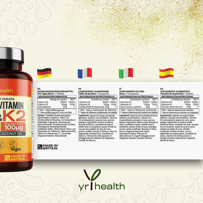 Vegan Vitamin D3 K2 Tablets High Strength & Coconut Oil for Absorbtion - Vitamin D 2000iu & Vitamin K2 Mk7 100mcg Plant Based Supplement for Immune System, Bones, Blood Calcium Levels