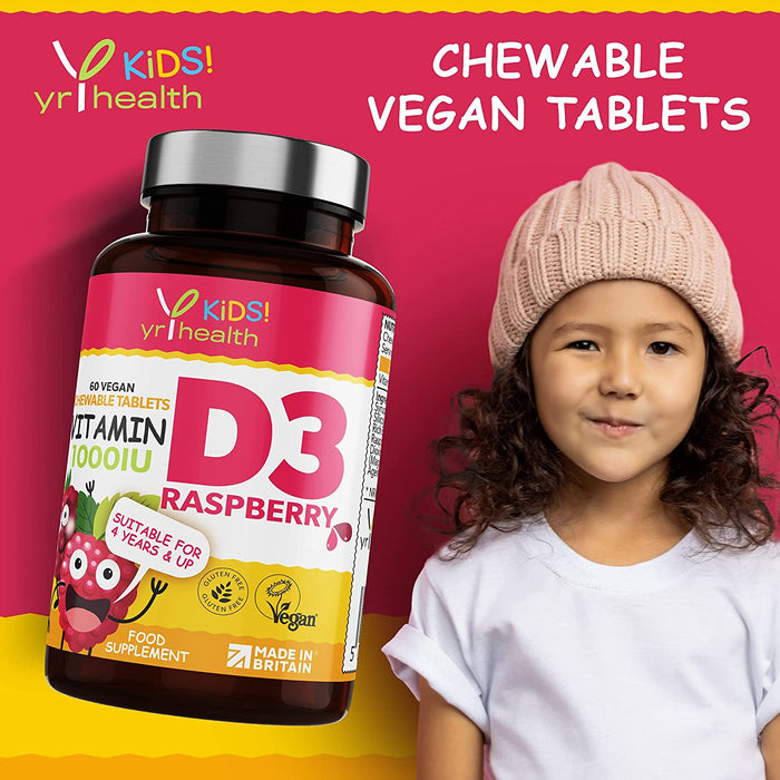 Kids Vitamin D3 1000 iu High Strength - Chewable Raspberry Flavour Vitamin D for Kids 4-12 Years, Vegan Society Registered Tablets not Gummies - 2 Months Supply