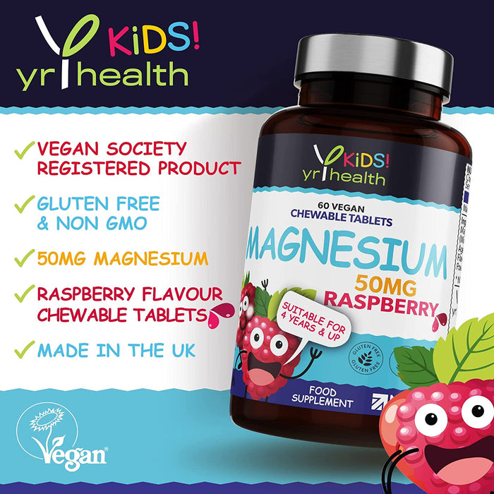 Kids Magnesium Tablets for Sleep, Anxiety and Ticks, 50mg Chewable Raspberry Flavour Magnesium for Kids, Vegan Society Registered Tablets not Gummies, 2 Months Supply