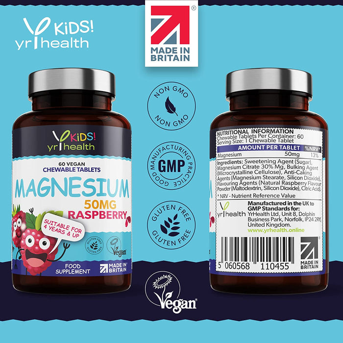 Kids Magnesium Tablets for Sleep, Anxiety and Ticks, 50mg Chewable Raspberry Flavour Magnesium for Kids, Vegan Society Registered Tablets not Gummies, 2 Months Supply