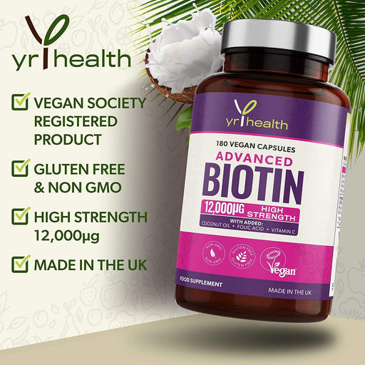 Advanced Biotin 12,000µg Complex with Added Coconut Oil, Folic Acid & Vitamin C - 180 Vegan Capsules