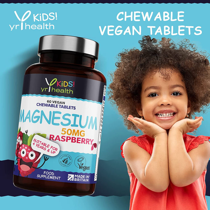 Kids Magnesium Tablets for Sleep, Anxiety and Ticks, 50mg Chewable Raspberry Flavour Magnesium for Kids, Vegan Society Registered Tablets not Gummies, 2 Months Supply