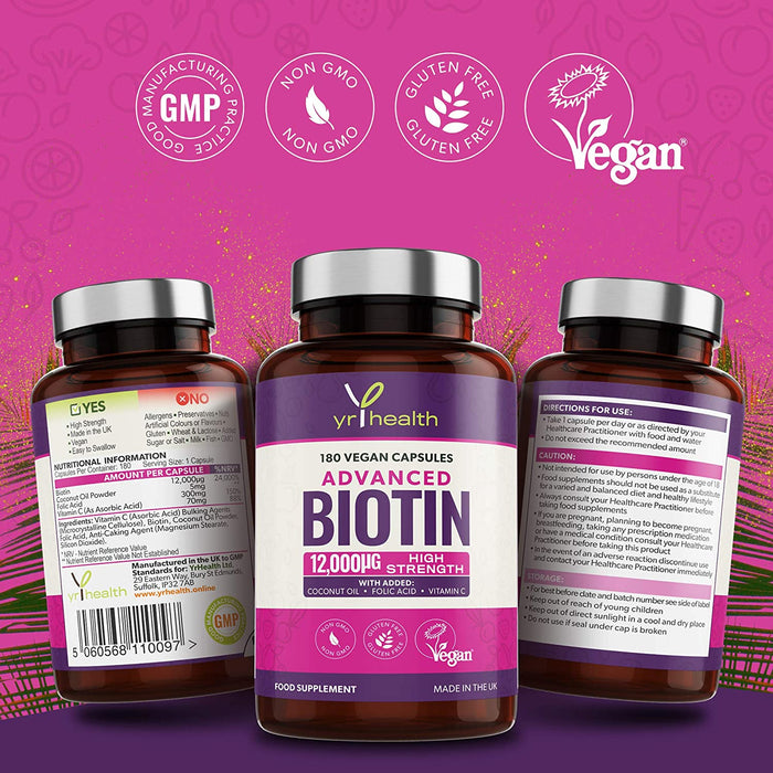 Advanced Biotin 12,000µg Complex with Added Coconut Oil, Folic Acid & Vitamin C - 180 Vegan Capsules