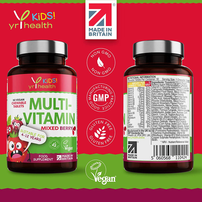 Kids Multivitamins and Minerals - Chewable Mixed Berry Flavour Multivitamin for Kids 4-12 Years, Vegan Society Registered Tablets not Gummies - 3 Months Supply