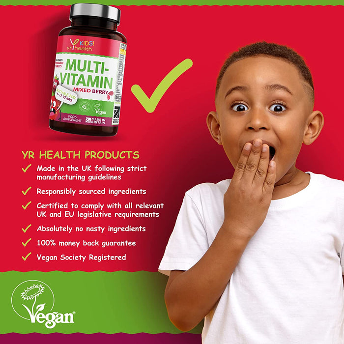 Kids Multivitamins and Minerals - Chewable Mixed Berry Flavour Multivitamin for Kids 4-12 Years, Vegan Society Registered Tablets not Gummies - 3 Months Supply
