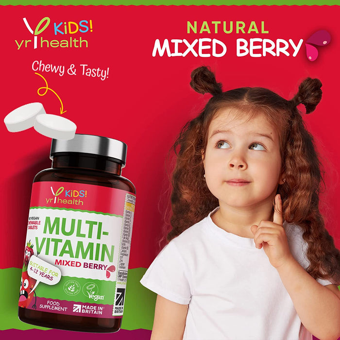 Kids Multivitamins and Minerals - Chewable Mixed Berry Flavour Multivitamin for Kids 4-12 Years, Vegan Society Registered Tablets not Gummies - 3 Months Supply