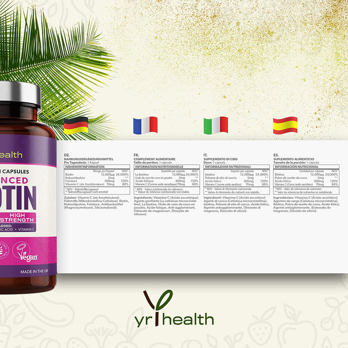 Advanced Biotin 12,000µg Complex with Added Coconut Oil, Folic Acid & Vitamin C - 180 Vegan Capsules